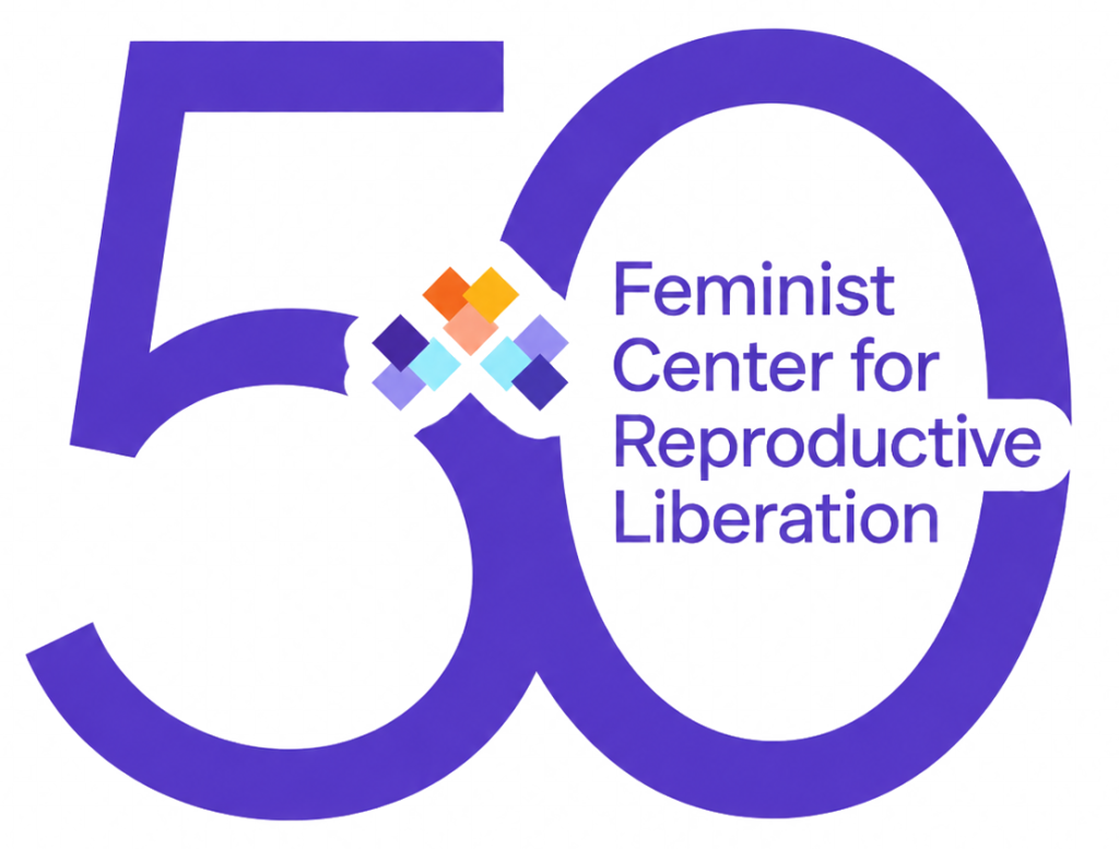 Logo celebrating the 50th anniversary of the Feminist Center for Reproductive Liberation, featuring a large purple '50' and a multicolored diamond motif.