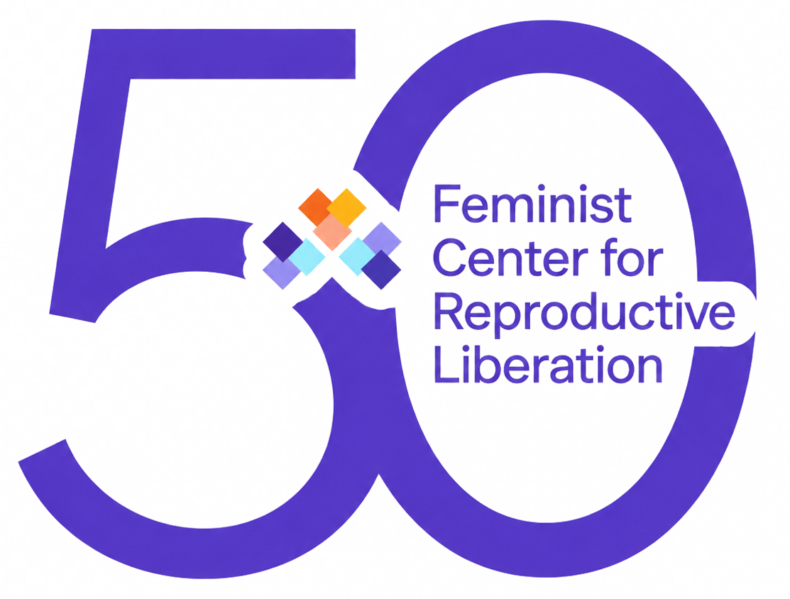 Logo celebrating the 50th anniversary of the Feminist Center for Reproductive Liberation, featuring a large purple '50' and a multicolored diamond motif.