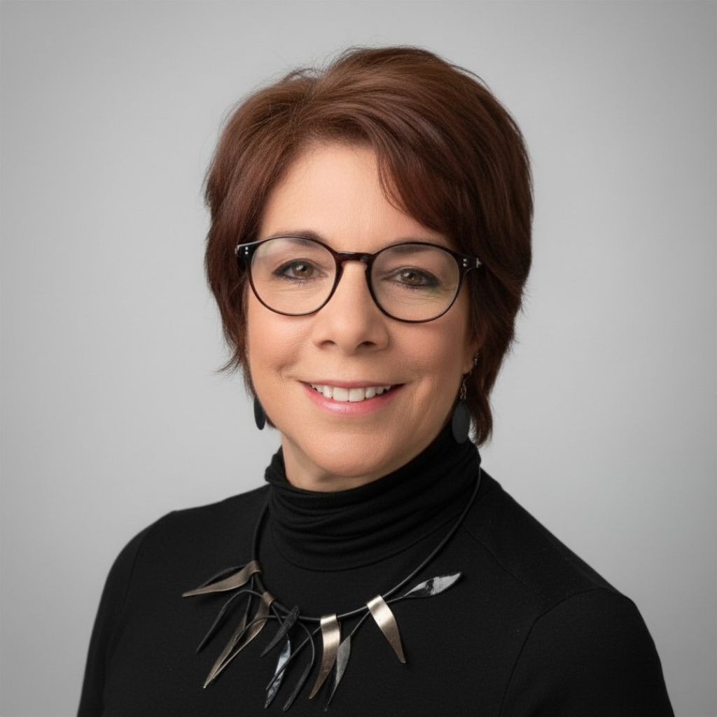 Portrait of a smiling woman with short brown hair, round glasses, and a black turtleneck with a geometric necklace.